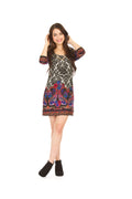MULTI Damask print paisley border 3/4 sleeve dress