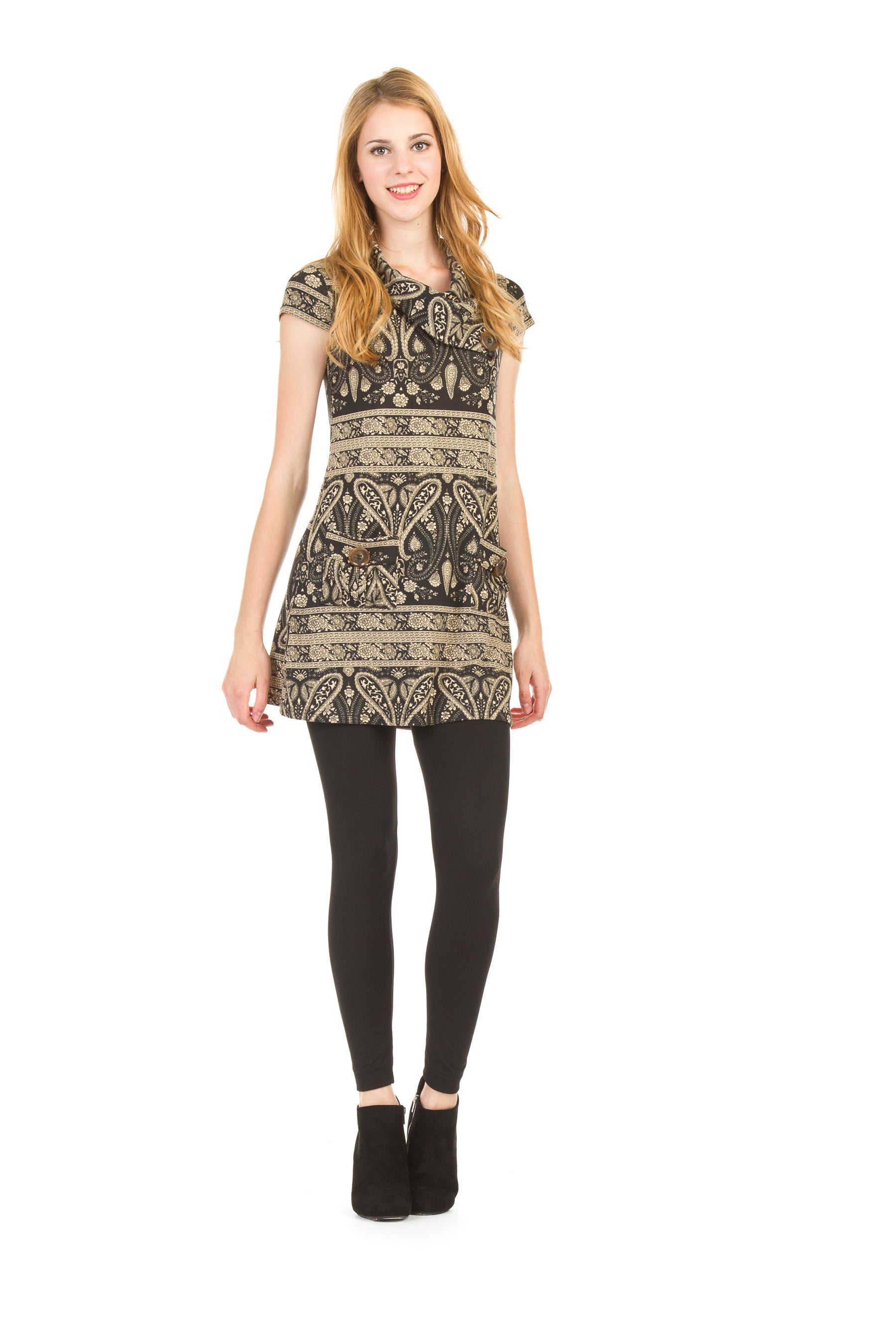 BLACK Paisley border print cap sleeve drape collar dress