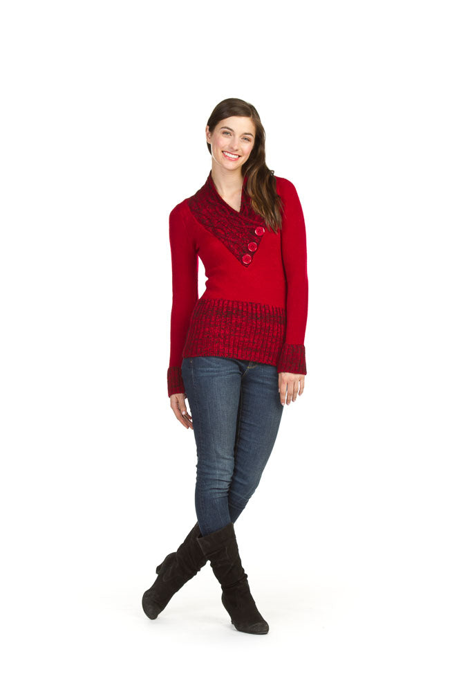 RED Crossover Collar with Buttons Sweater