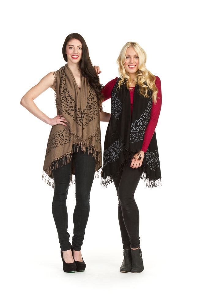 BLACK Animal print fringe vest