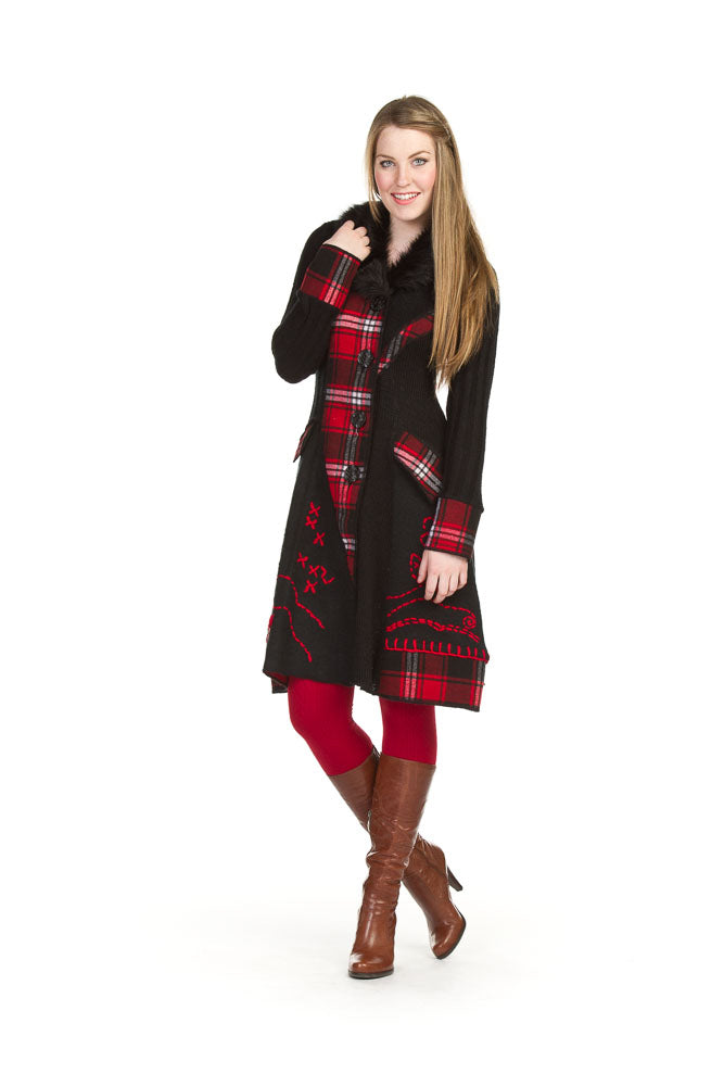 RED Red plaid patch long duster with fur collar
