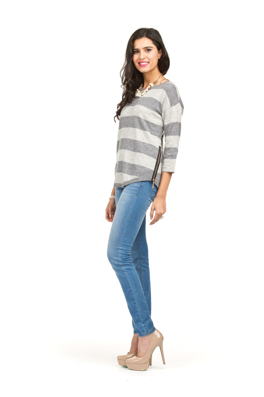 GREY Grey stripe angora sweater with zip detail