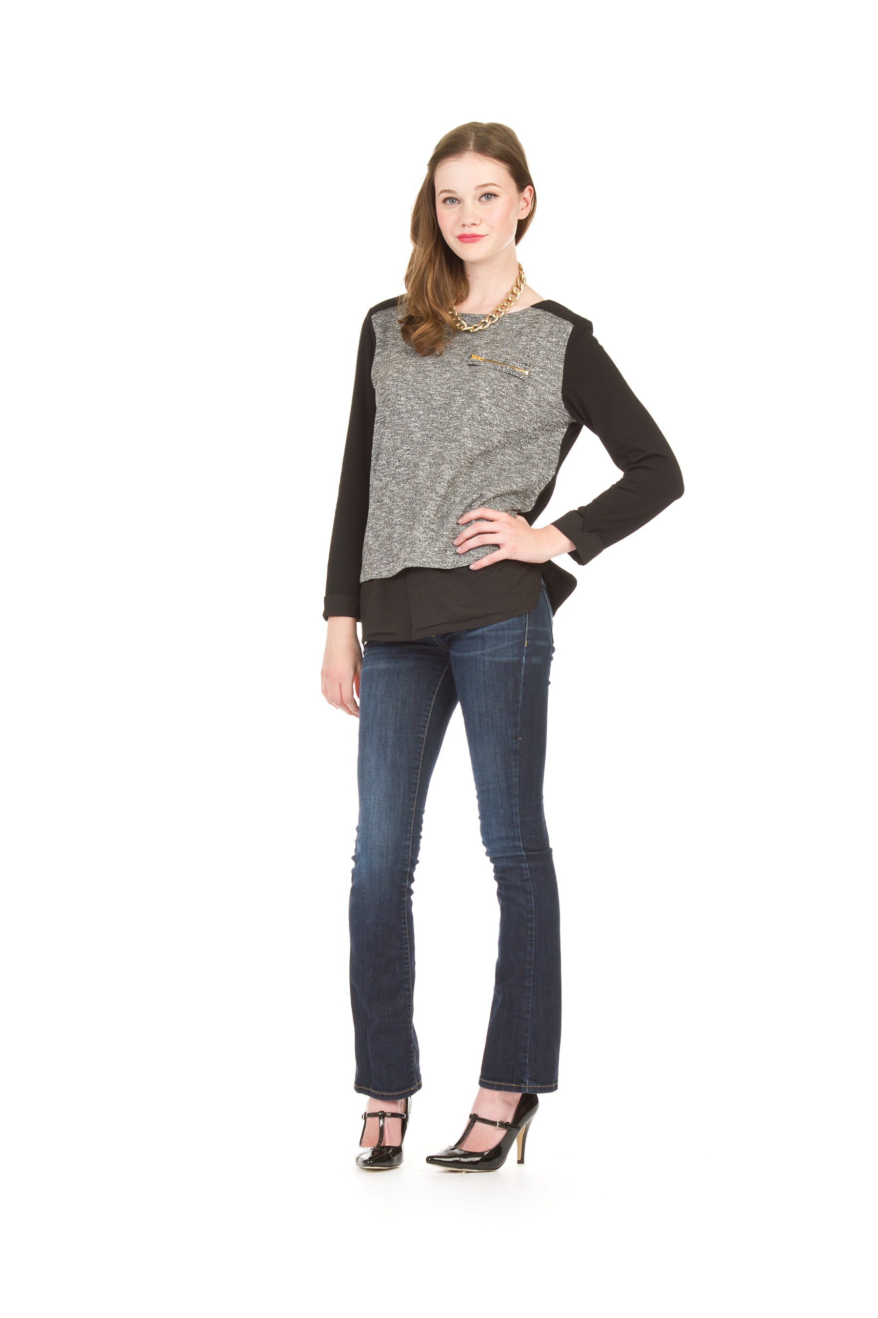 BLKWH Heathered zip detail layered front top