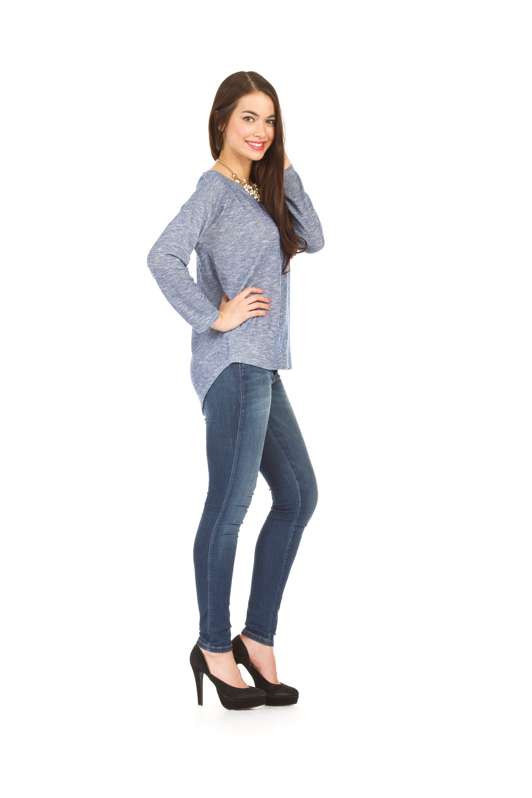 BLUE Lurex knit shirt hem pullover