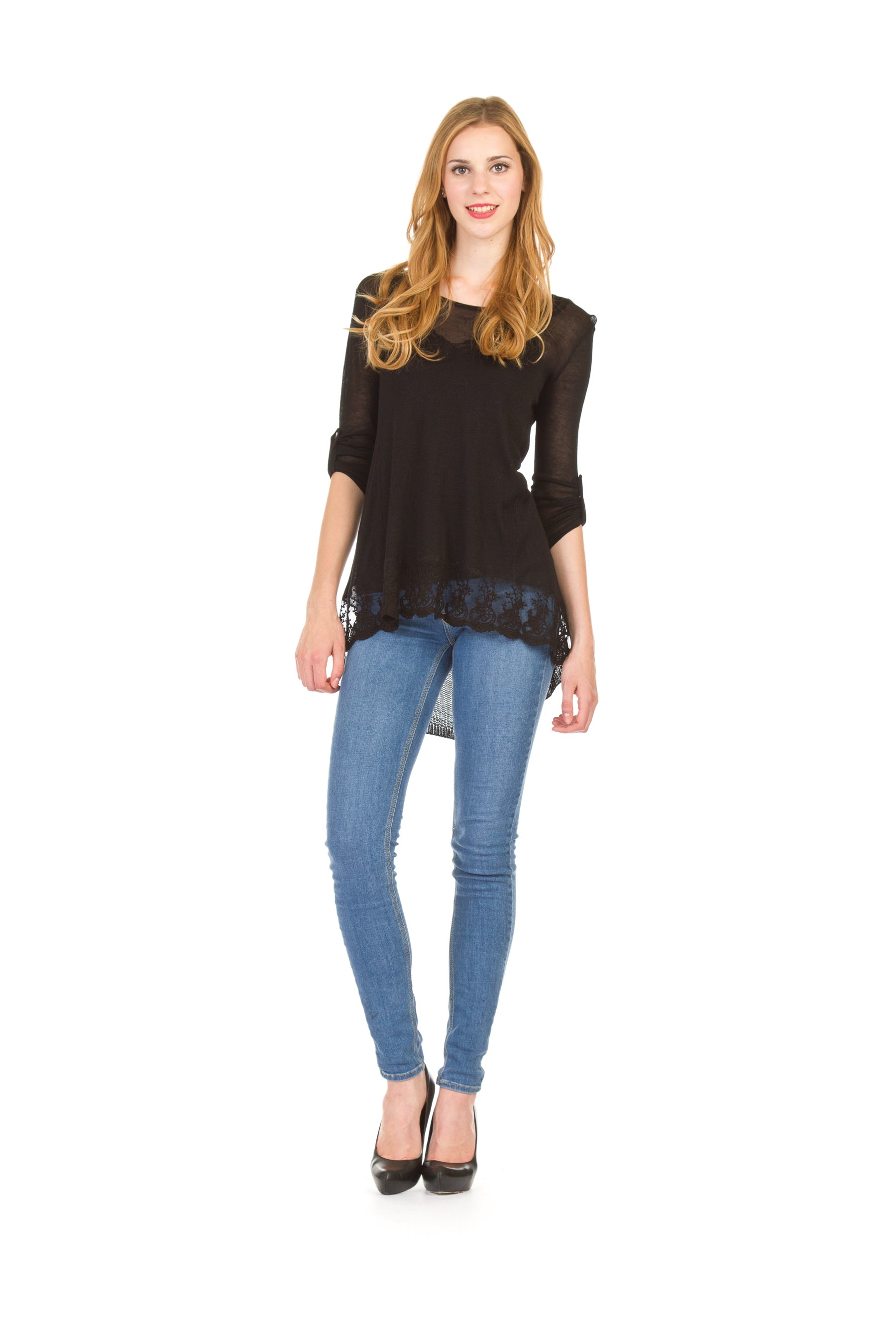 GREY Lace hem sweater with open weave knit back